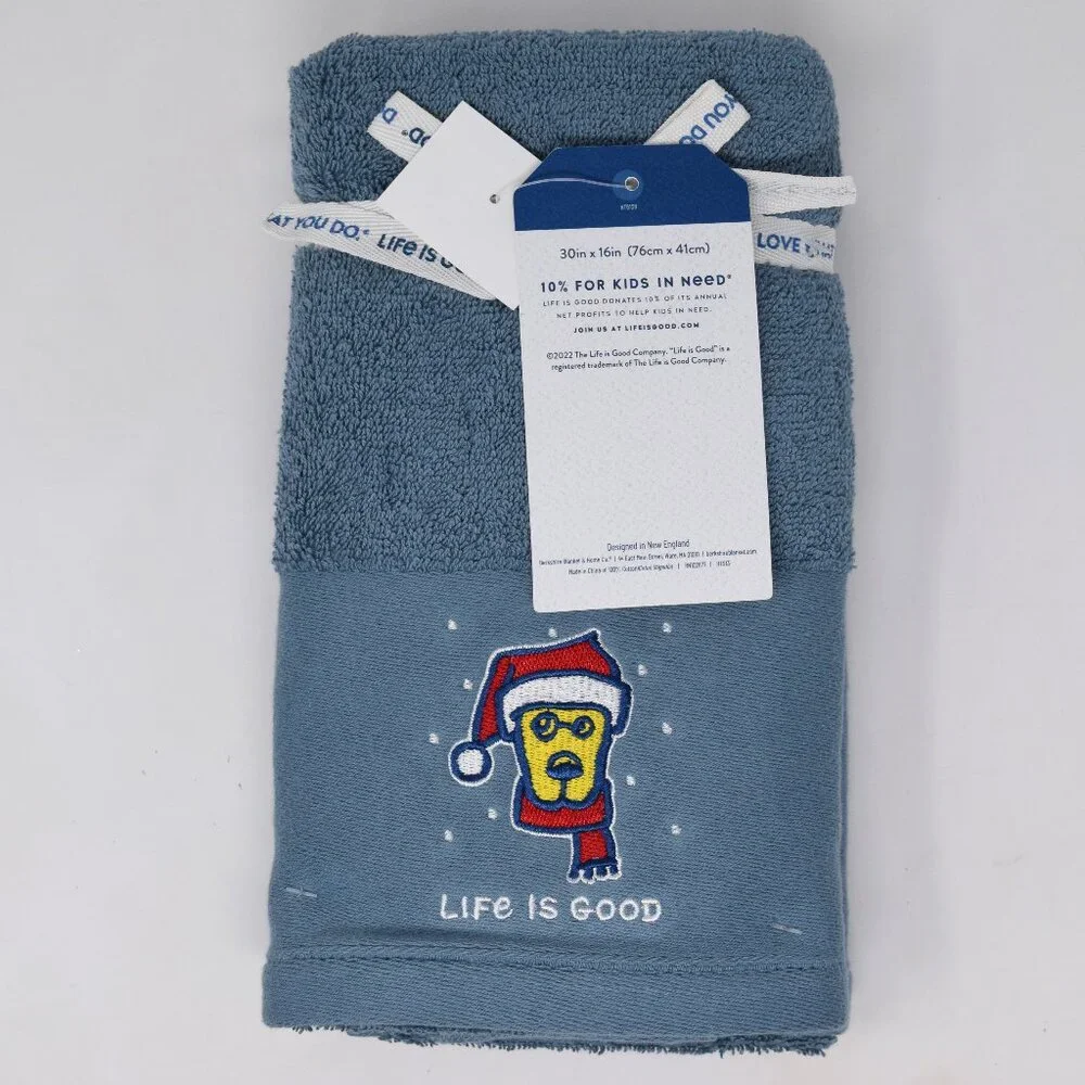 Life Is Good Dog Holiday Towels Blue Embroidered Winter Christmas Santa Set New
